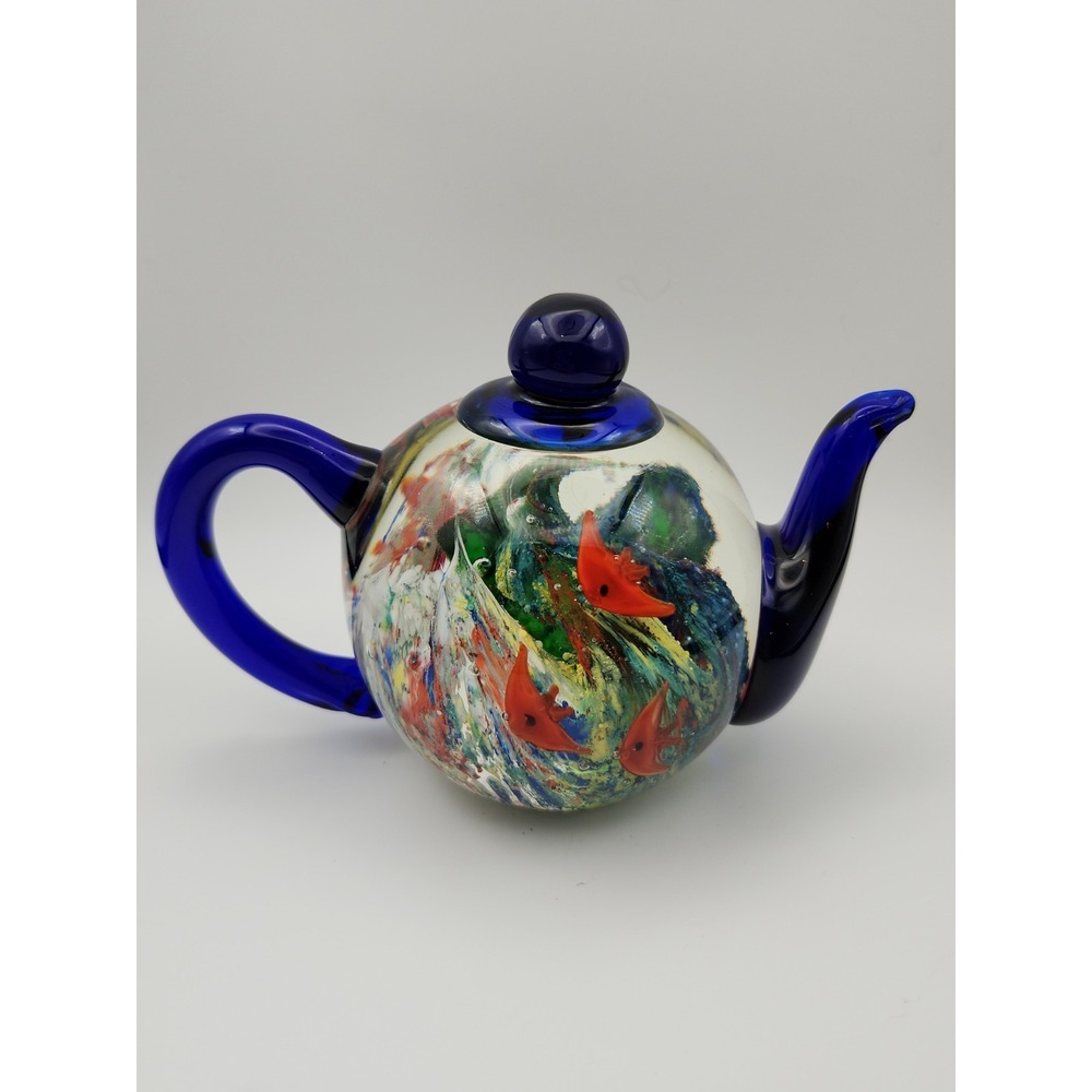 Dynasty Gallery hand-blown glass teapot paperweight aquarium Cobalt Handle/Spout